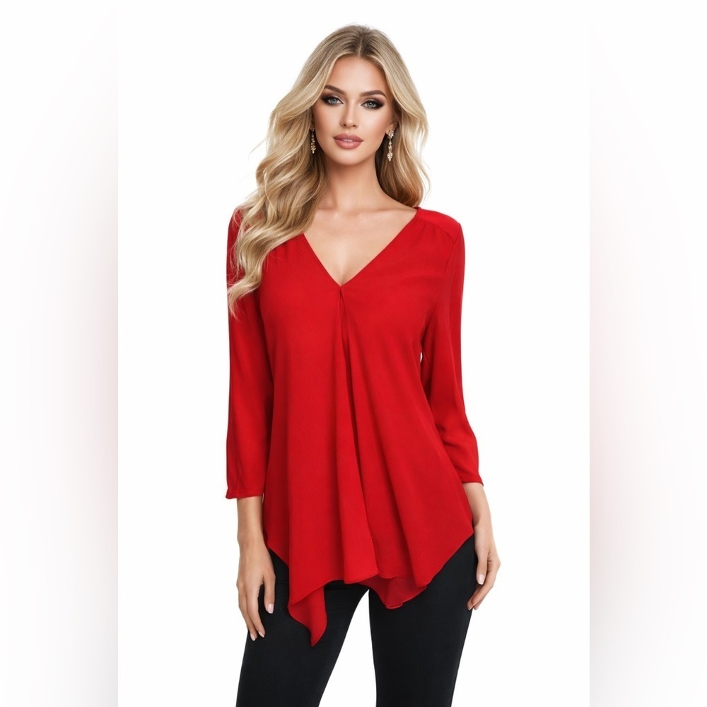 Kate & Mallory Tunic Layered Detail Red 3/4 Sleeve Size Medium